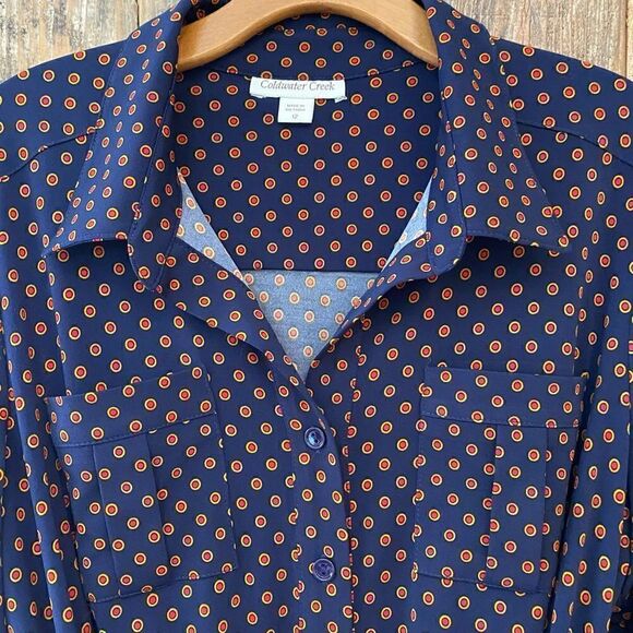 Coldwater Creek Sz 12 Blue Orange Circles Classic ‘90s Work Career Shirtdress - Picture 8 of 11